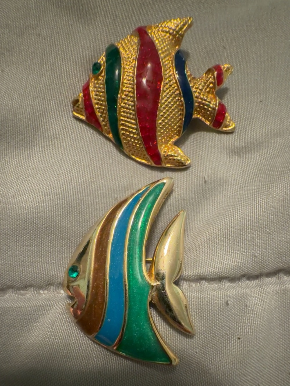 2 Gold-Tone Multicolor Enamel Fish Brooch - Green, Blue, Red